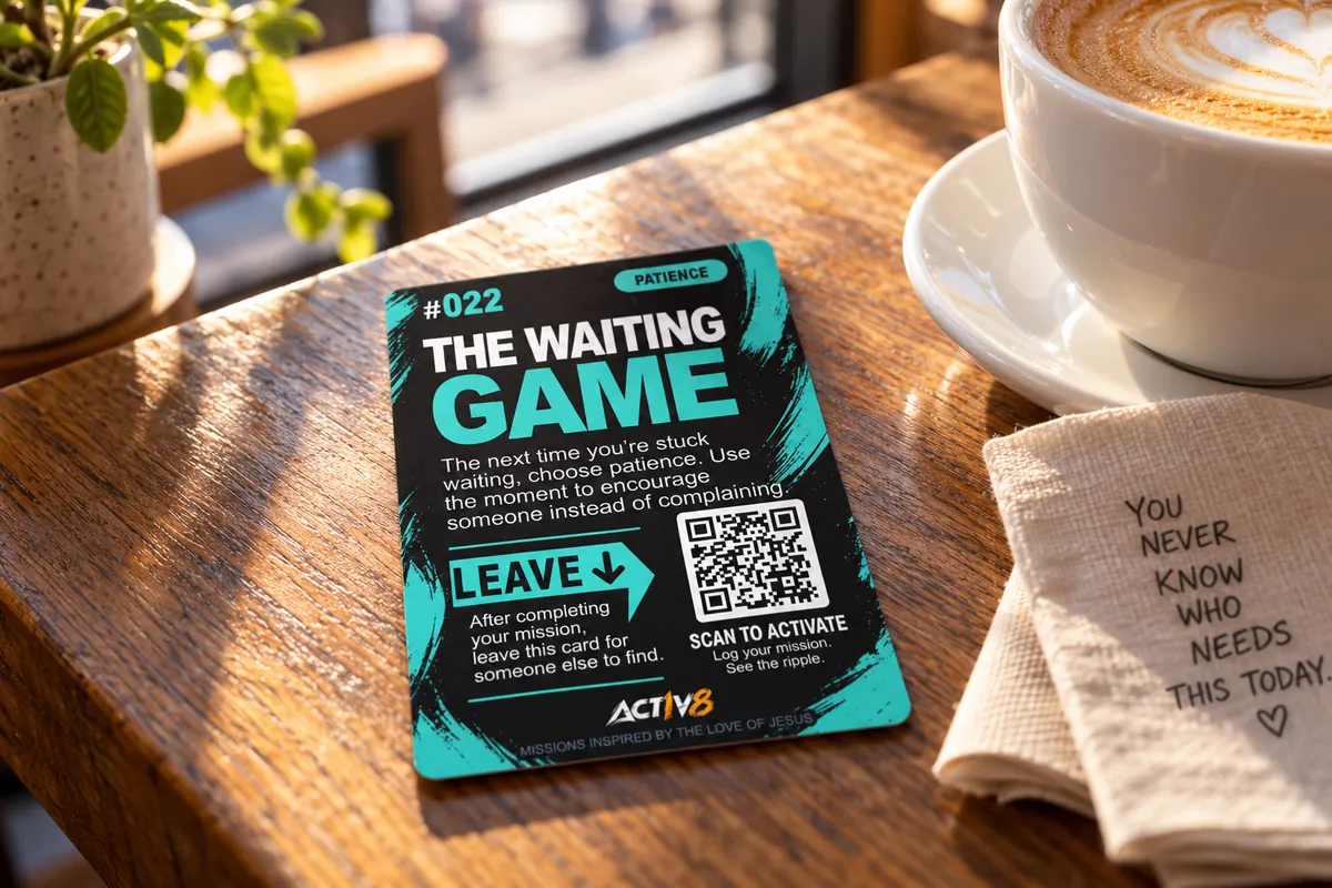 Mission card #022, The Waiting Game, left on a café table beside a coffee and a napkin that reads You never know who needs this today.